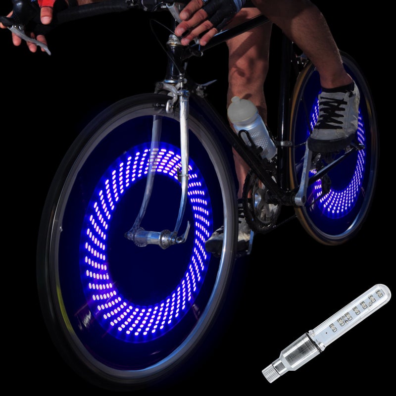 DAWAY ضوء صمام إطار الدراجة DAWAY A08 - أضواء عجلة الدراجة LED الساطعة، مقاومة للماء، ملحقات أمان رائعة للدراجات للرجال والأولاد والعم والأب والصديق والزوج، عبوة واحدة، رسومات زرقاء - Image 1